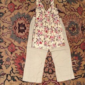 Floral Sleeveless halter Top and Beige capris Set